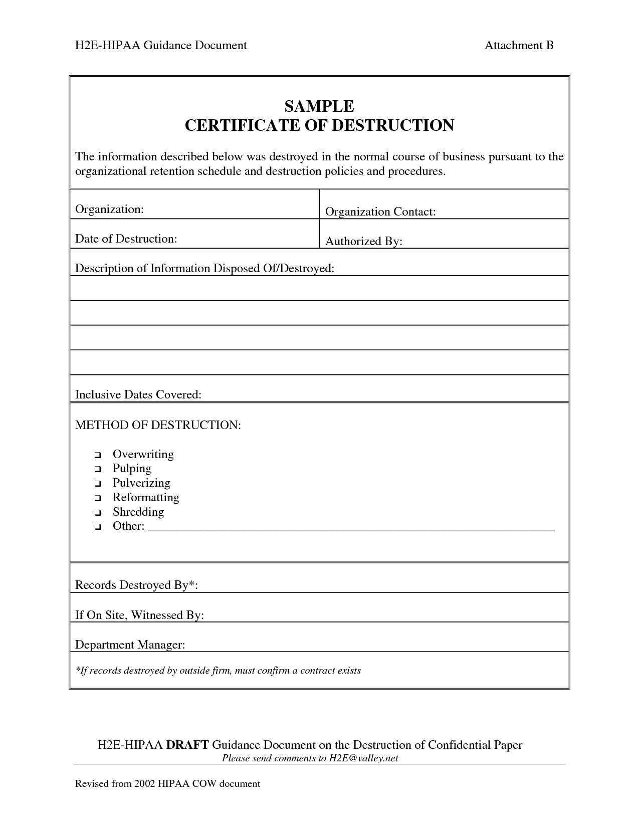 001 Template Ideas Certificate Of Destruction Frightening Throughout Free Certificate Of Destruction Template
