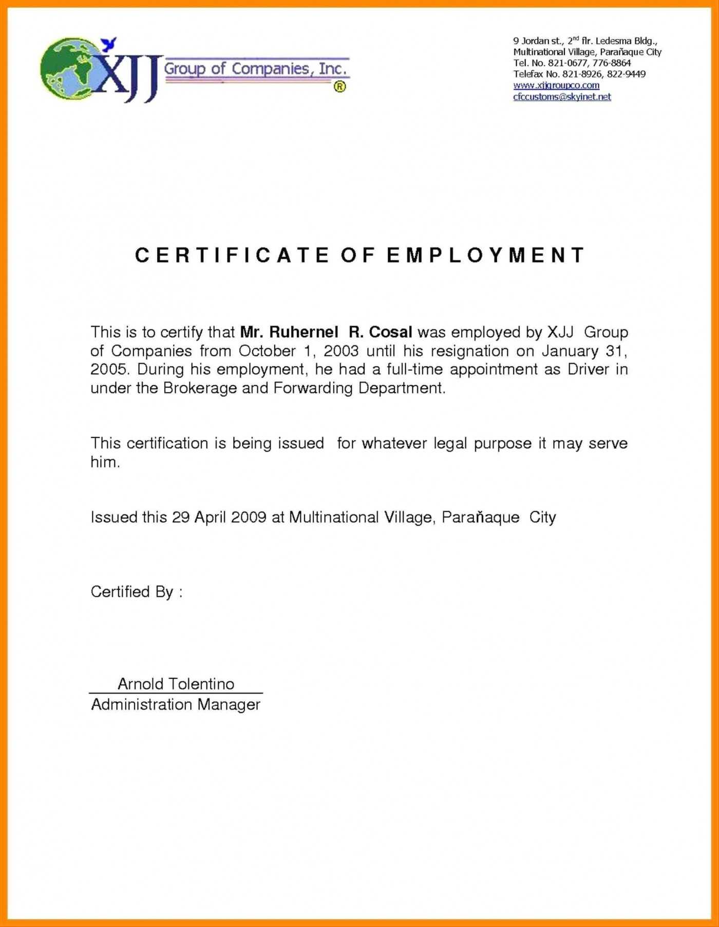 010 Certification Employment Letter Sample Job Letteres Within Template Of Certificate Of Employment