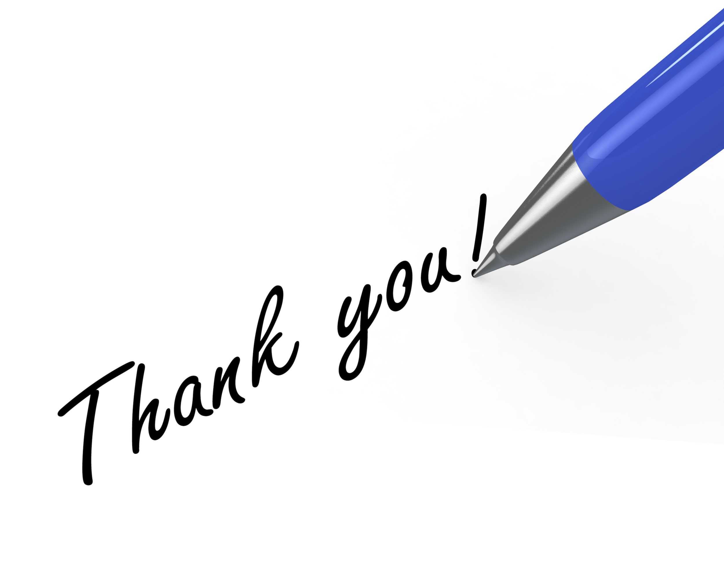 0914 Thank You Note With Blue Pen On White Background Stock With Regard To Powerpoint Thank You Card Template