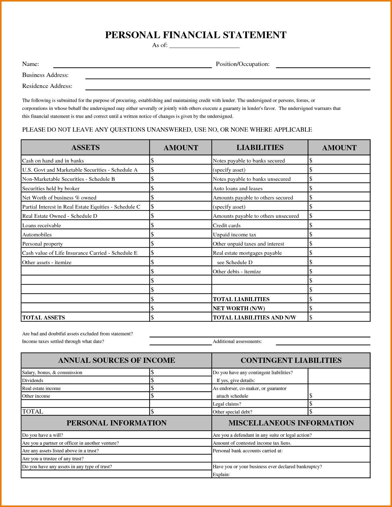 10 Fillable Personal Financial Statement | Payment Format Throughout Blank Personal Financial Statement Template