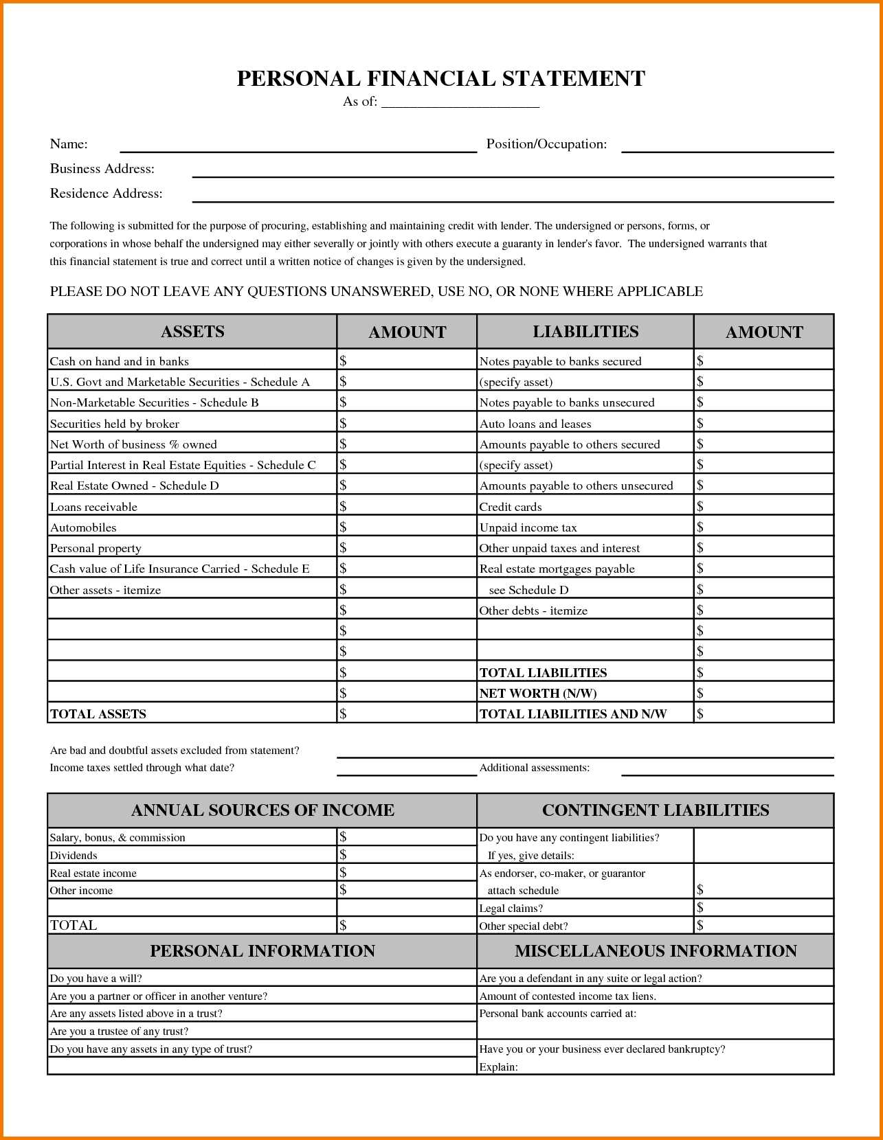 10 Fillable Personal Financial Statement Payment Format Throughout 
