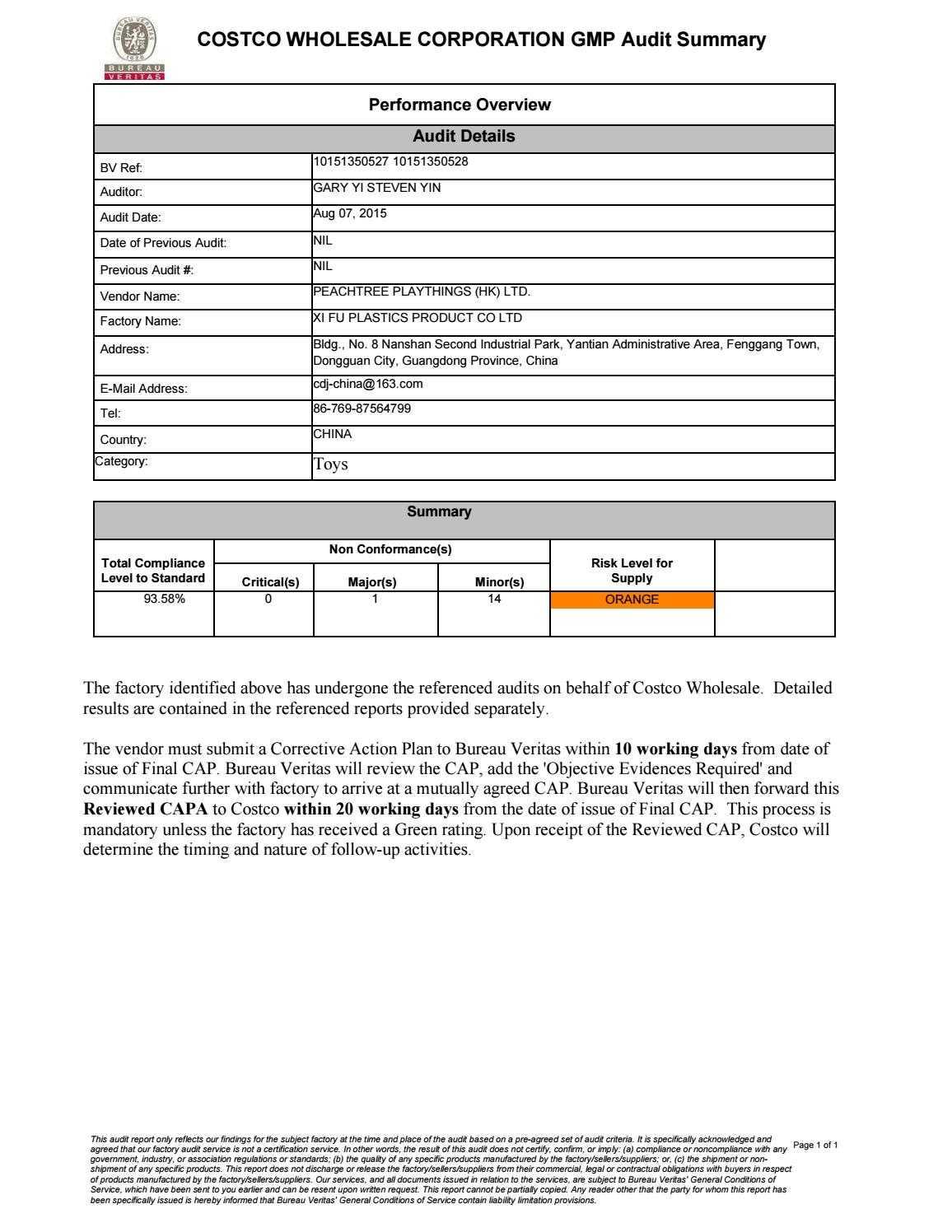 10151350527 & 10151350528 Costco Gmp Reports Xifu (Aug 07 Inside Gmp Audit Report Template