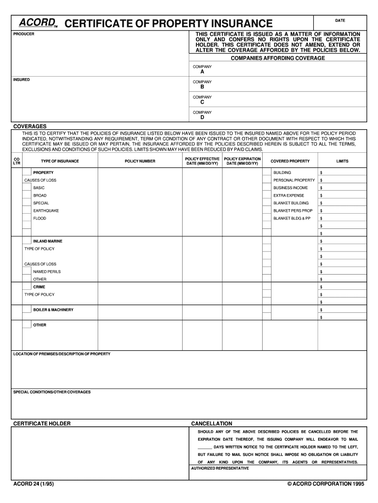 1995 Form Acord 24 Fill Online, Printable, Fillable, Blank In Acord Insurance Certificate Template