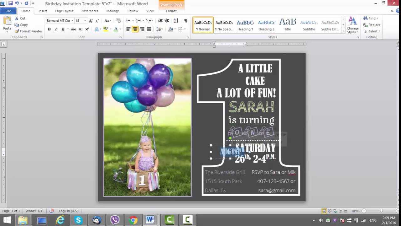 1St Birthday Invitation Template For Ms Word With Birthday Card Template Microsoft Word