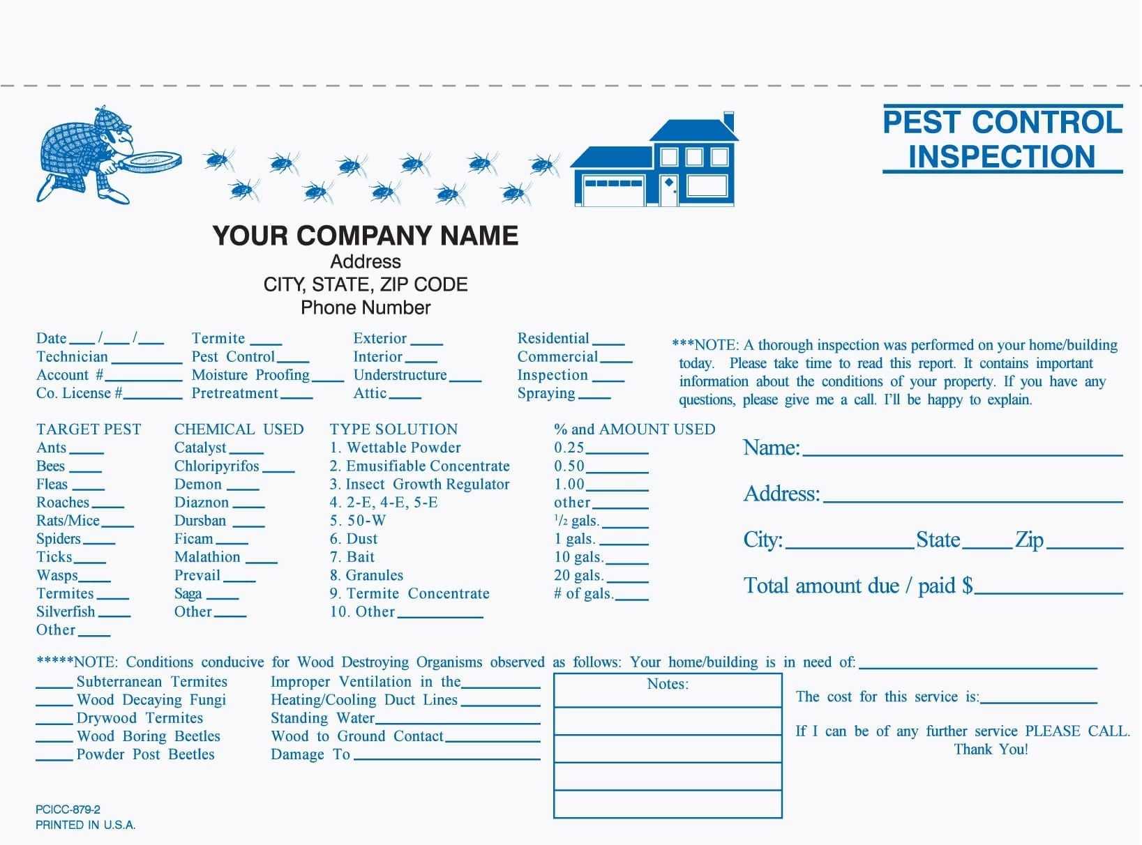 2 Part Pest Control Inspection Form, Carbonless, 8 1/2" X 5 In Pest Control Report Template