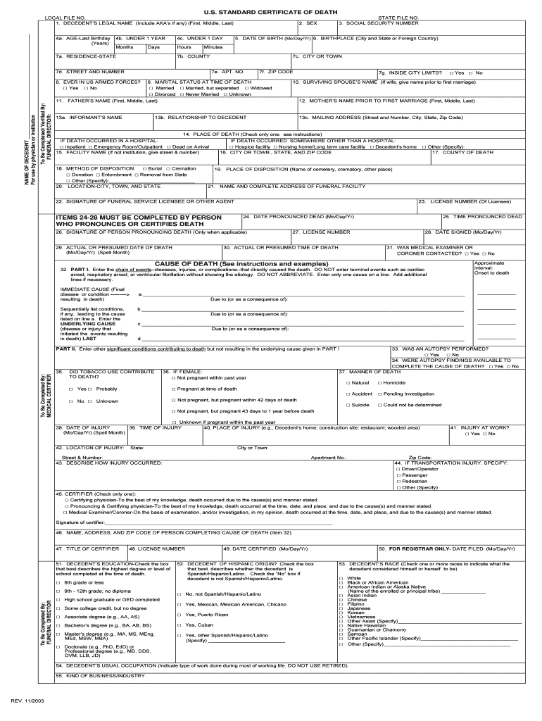 2003 2019 Form Us Standard Certificate Of Death Fill Online Intended For Baby Death Certificate Template