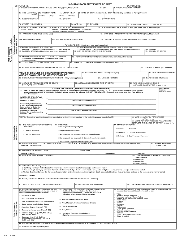 2003 2019 Form Us Standard Certificate Of Death Fill Online Intended For Baby Death Certificate Template