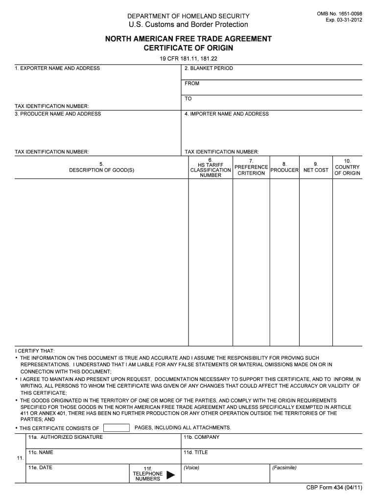 2011 Form Cbp 434 Fill Online, Printable, Fillable, Blank With Nafta Certificate Template