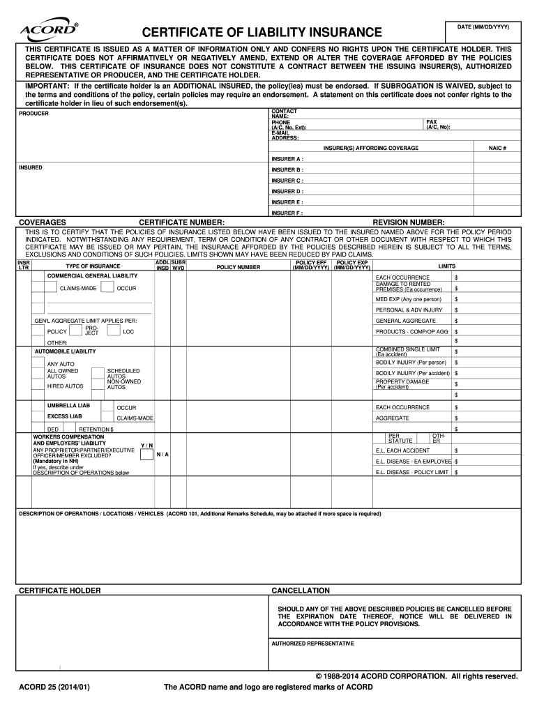 2014 2019 Form Acord 25 Fill Online, Printable, Fillable For Certificate Of Liability Insurance Template