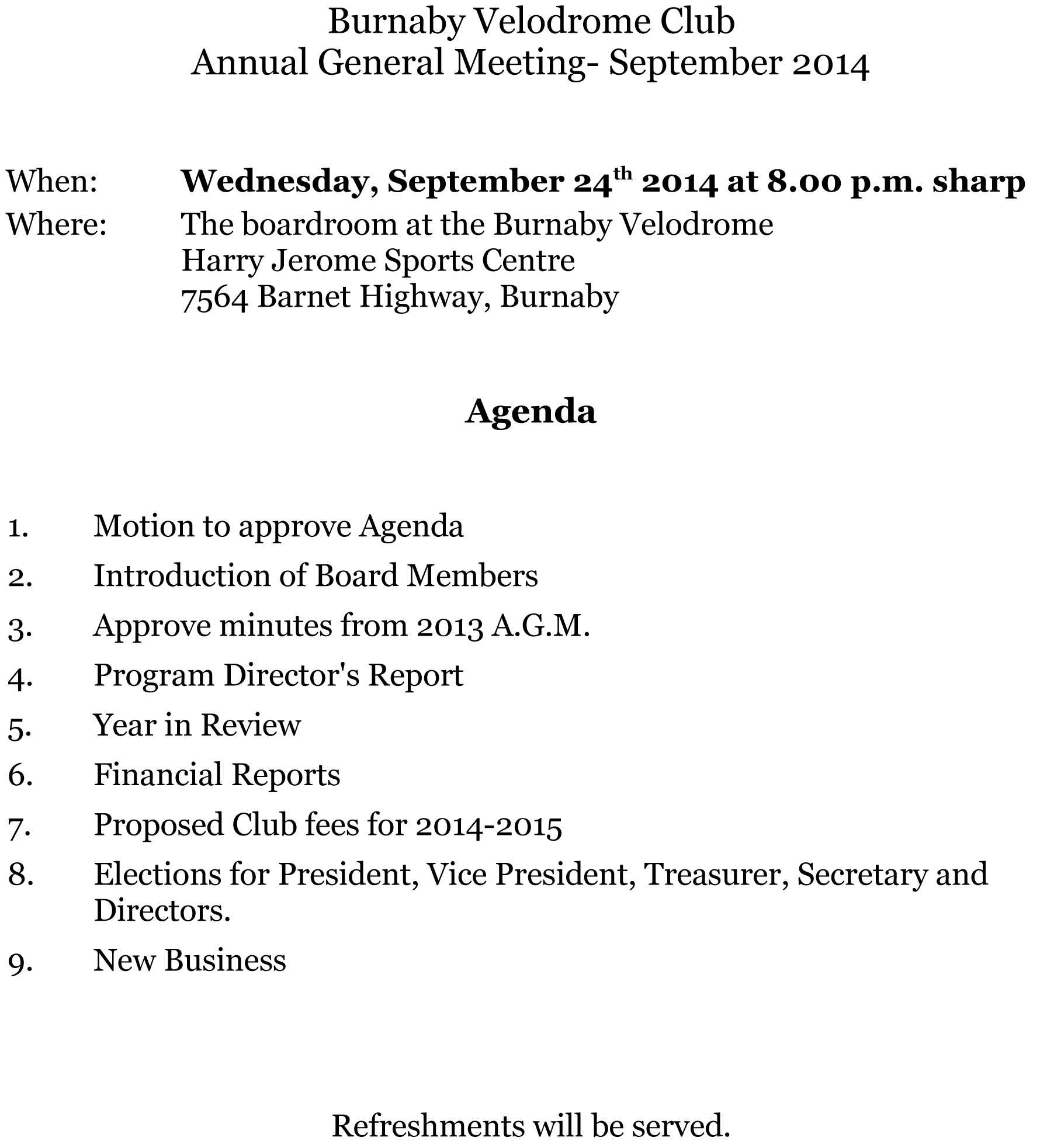 2014 Annual General Meeting – Burnaby Velodrome Club With Treasurer's Report Agm Template