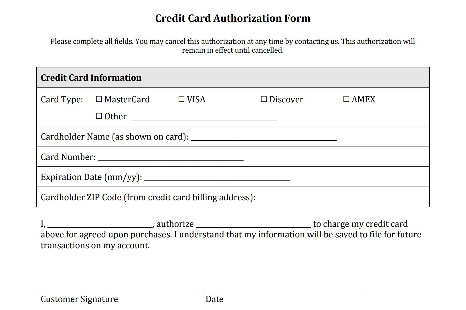 21+ Credit Card Authorization Form Template Pdf Fillable 2019!! Inside Customer Information Card Template