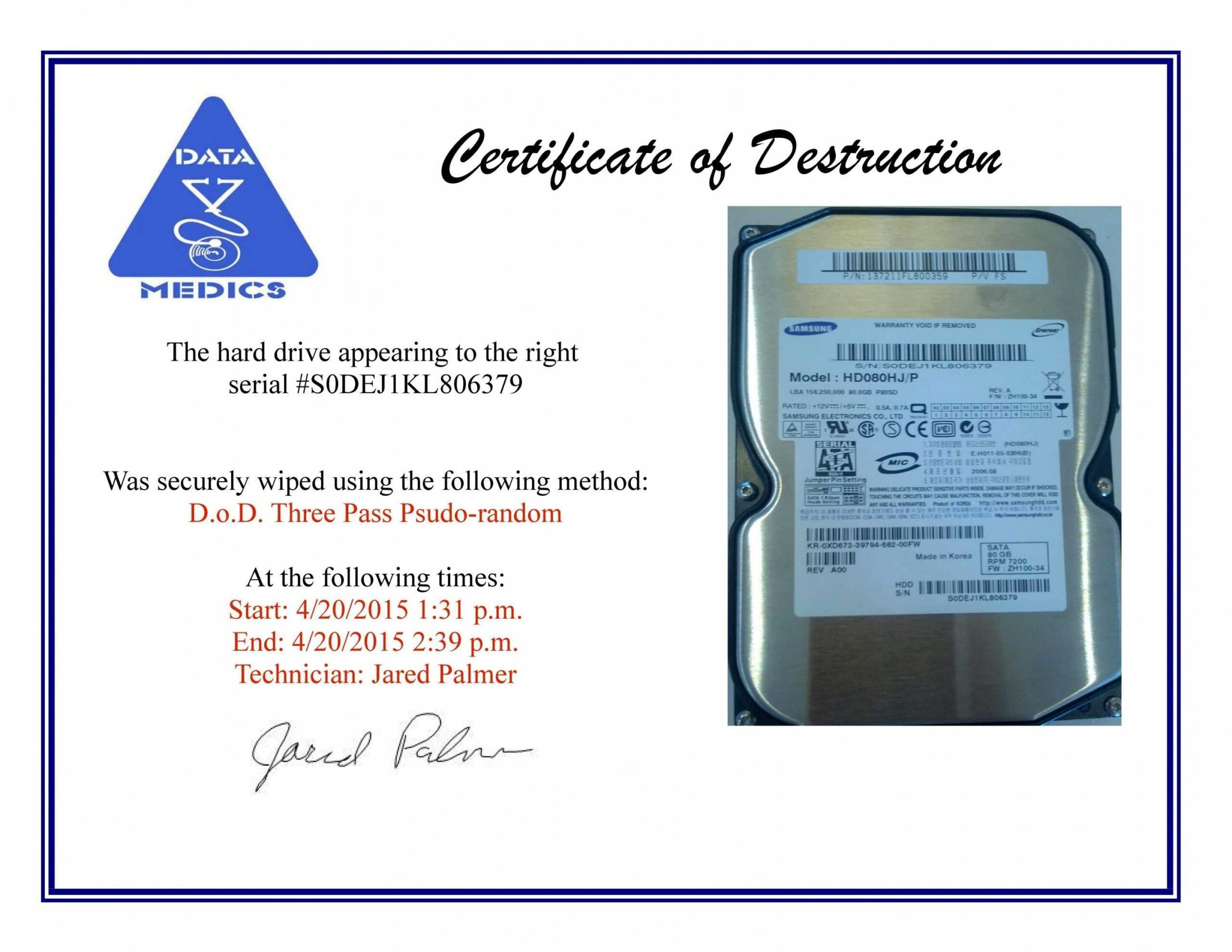 26 Images Of Attestation Of Data Destruction Template Matyko Throughout Hard Drive Destruction Certificate Template