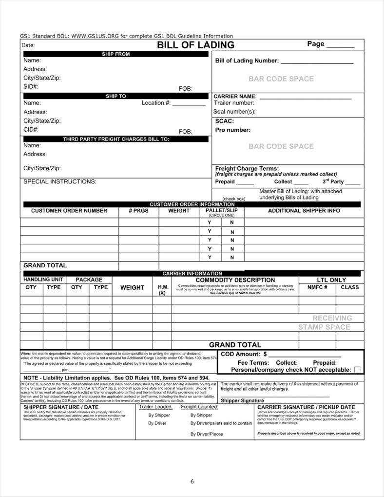 29+ Bill Of Lading Templates – Free Word, Pdf, Excel Format In Blank Bol Template