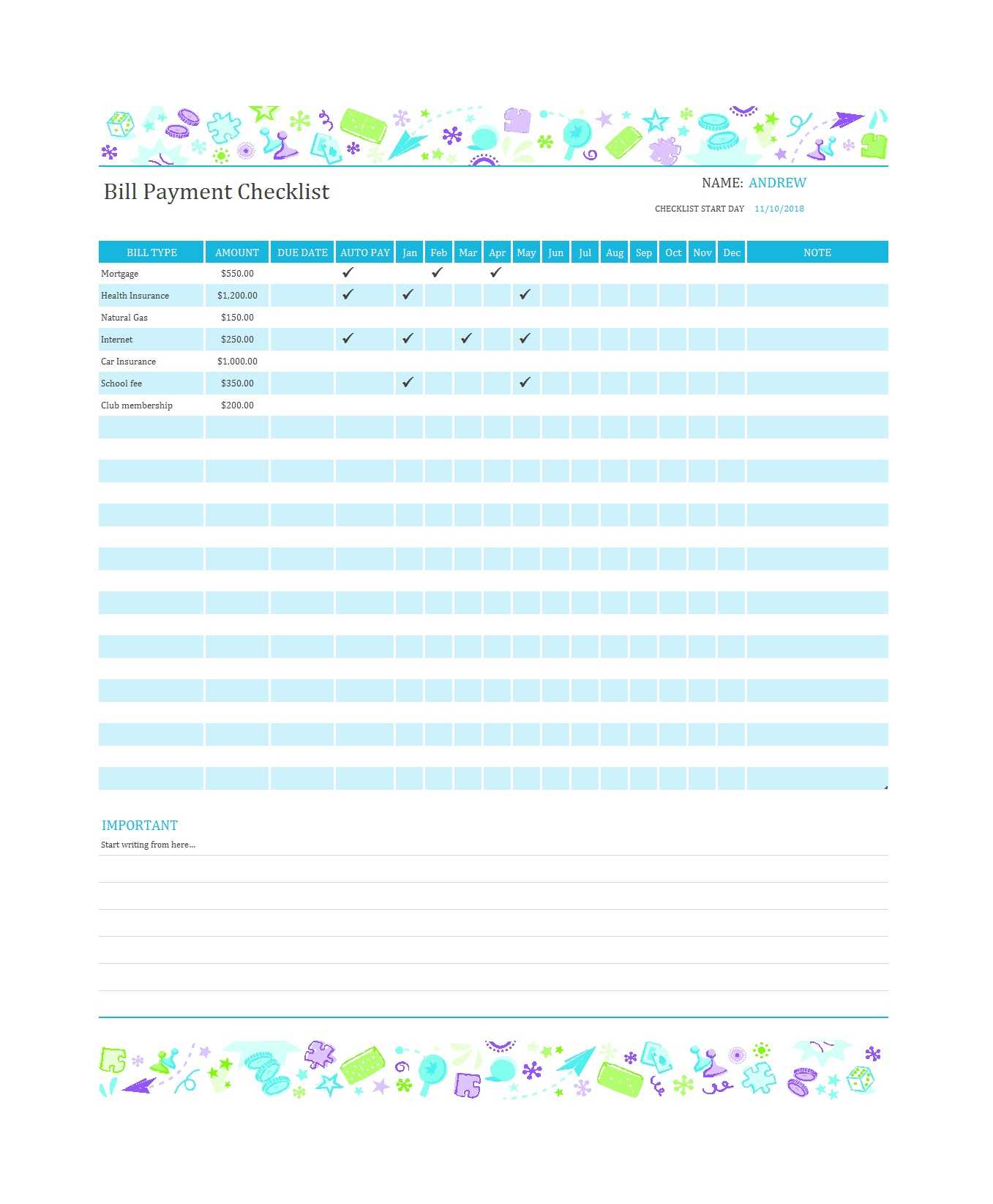 32 Free Bill Pay Checklists & Bill Calendars (Pdf, Word & Excel) For Blank Checklist Template Word