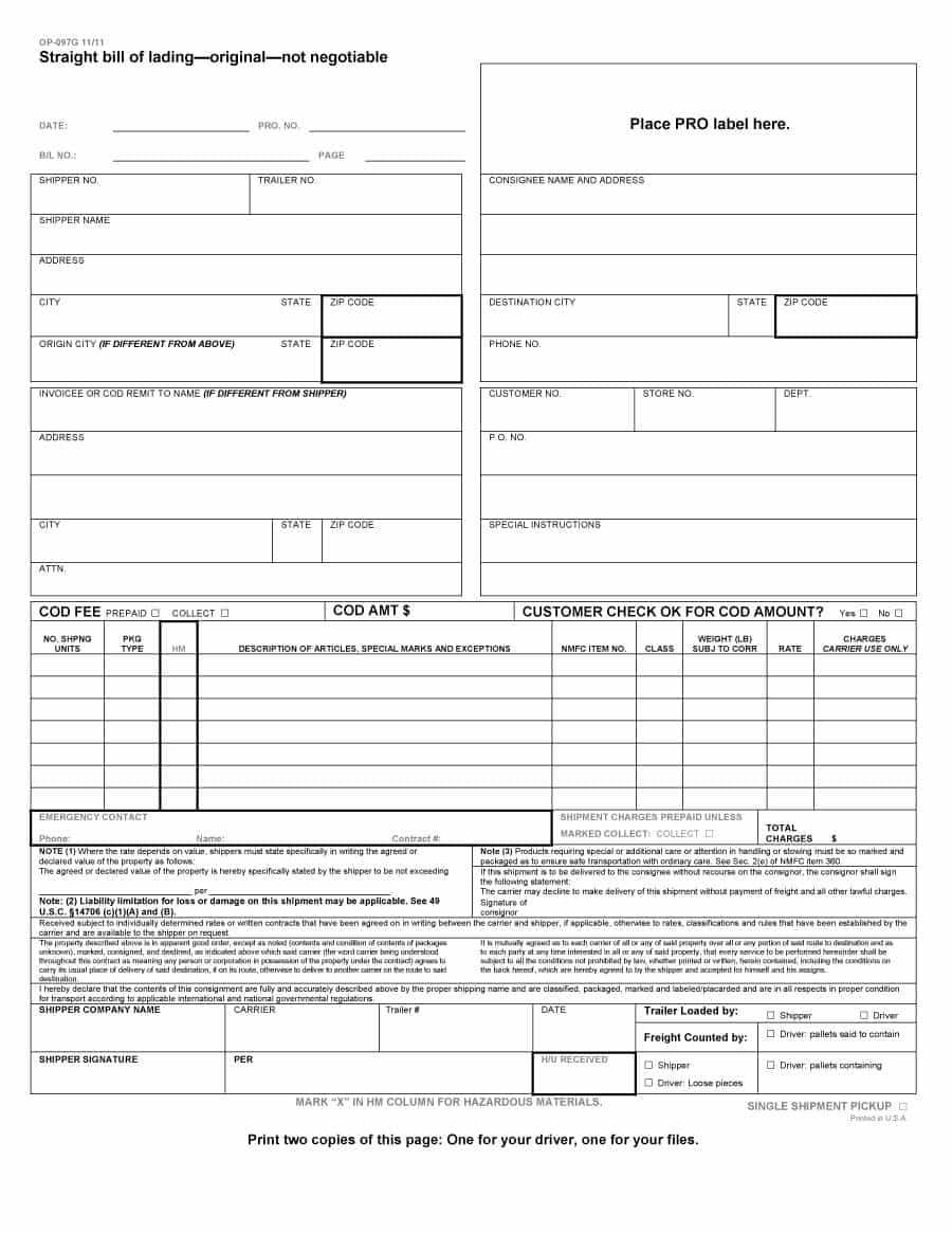 40 Free Bill Of Lading Forms & Templates ᐅ Template Lab Pertaining To Blank Bol Template