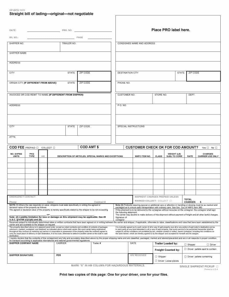 40 Free Bill Of Lading Forms & Templates ᐅ Template Lab Pertaining To Blank Bol Template