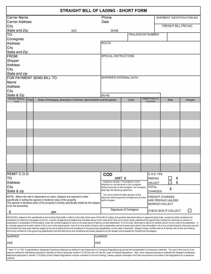 40 Free Bill Of Lading Forms & Templates ᐅ Template Lab Regarding Blank Bol Template