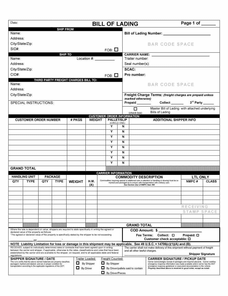 40 Free Bill Of Lading Forms & Templates ᐅ Template Lab Regarding Blank Bol Template