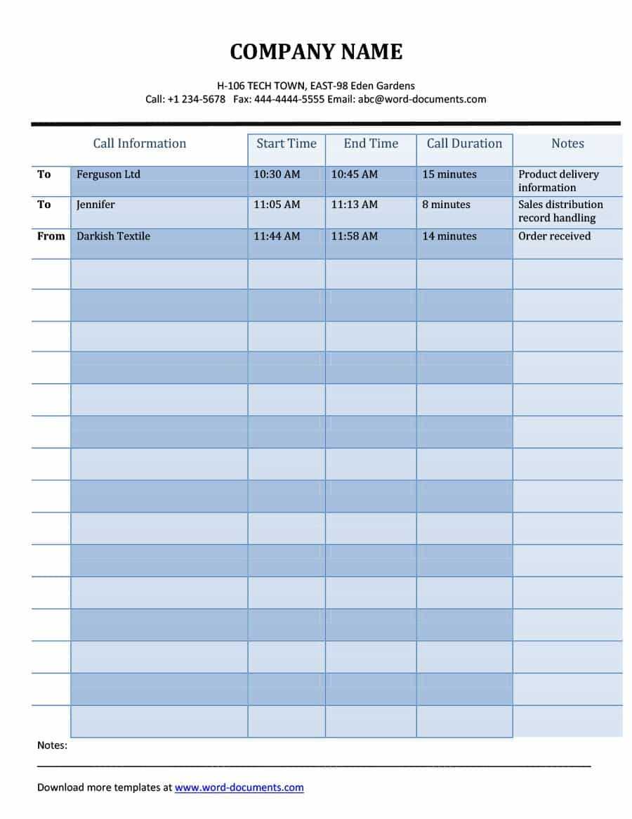 40+ Printable Call Log Templates In Microsoft Word And Excel In Blank Call Sheet Template