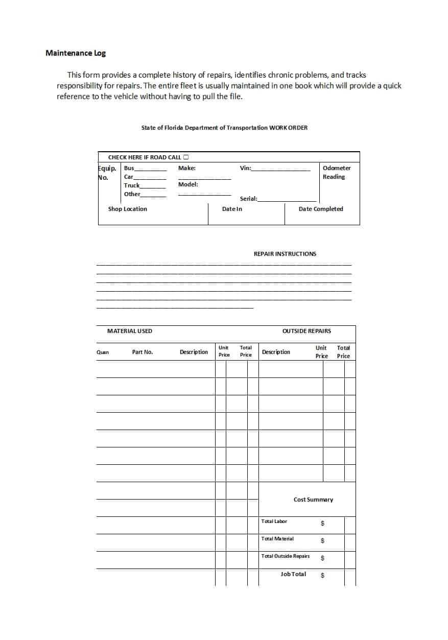 40 Printable Vehicle Maintenance Log Templates ᐅ Template Lab For Mechanics Job Card Template