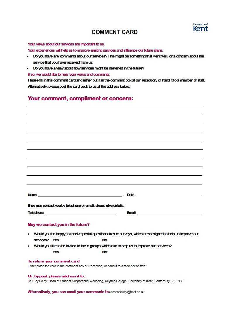 50 Printable Comment Card & Feedback Form Templates ᐅ Throughout Comment Cards Template