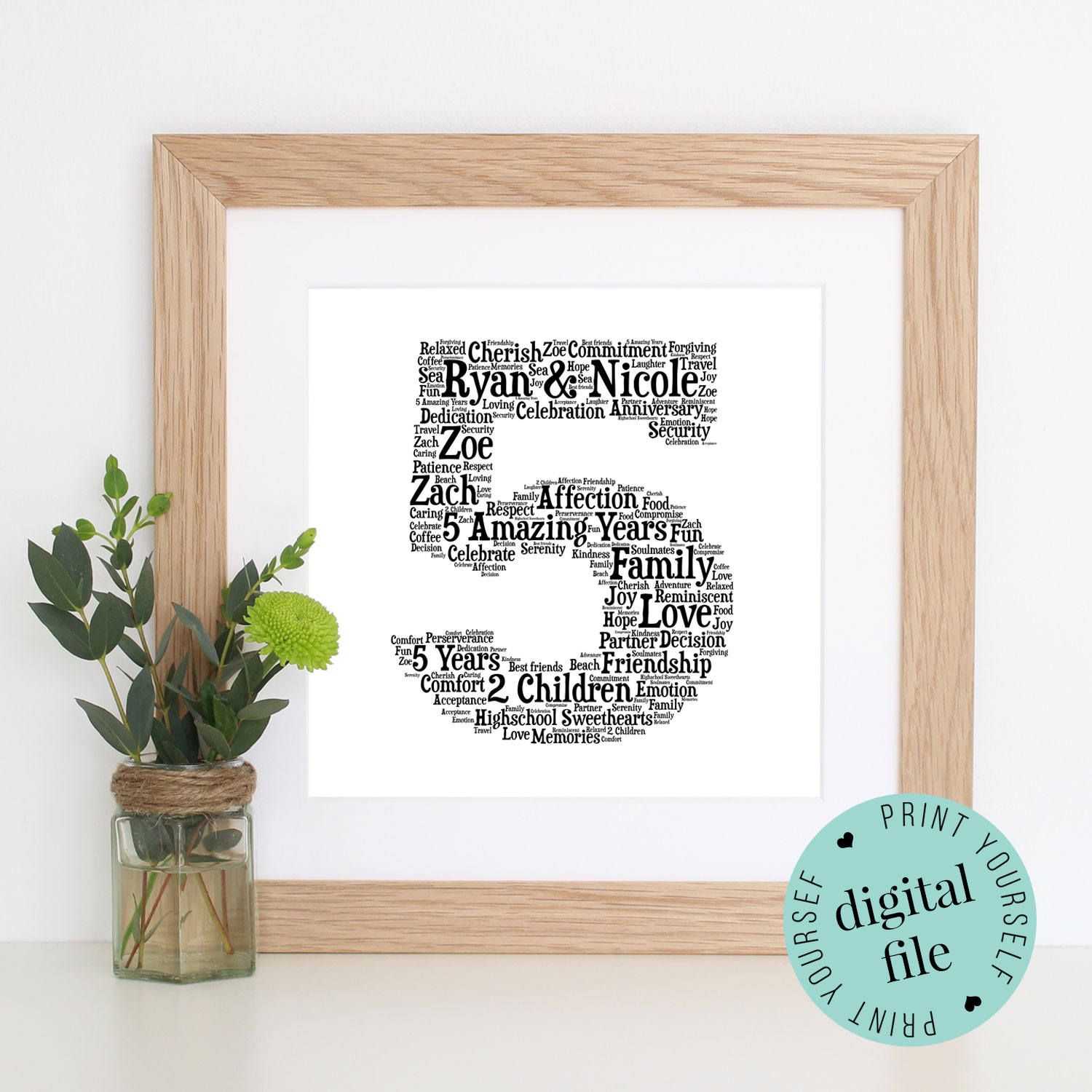 5Th Anniversary Gift – Word Art – Printable Gift – 5 Year Throughout Anniversary Card Template Word