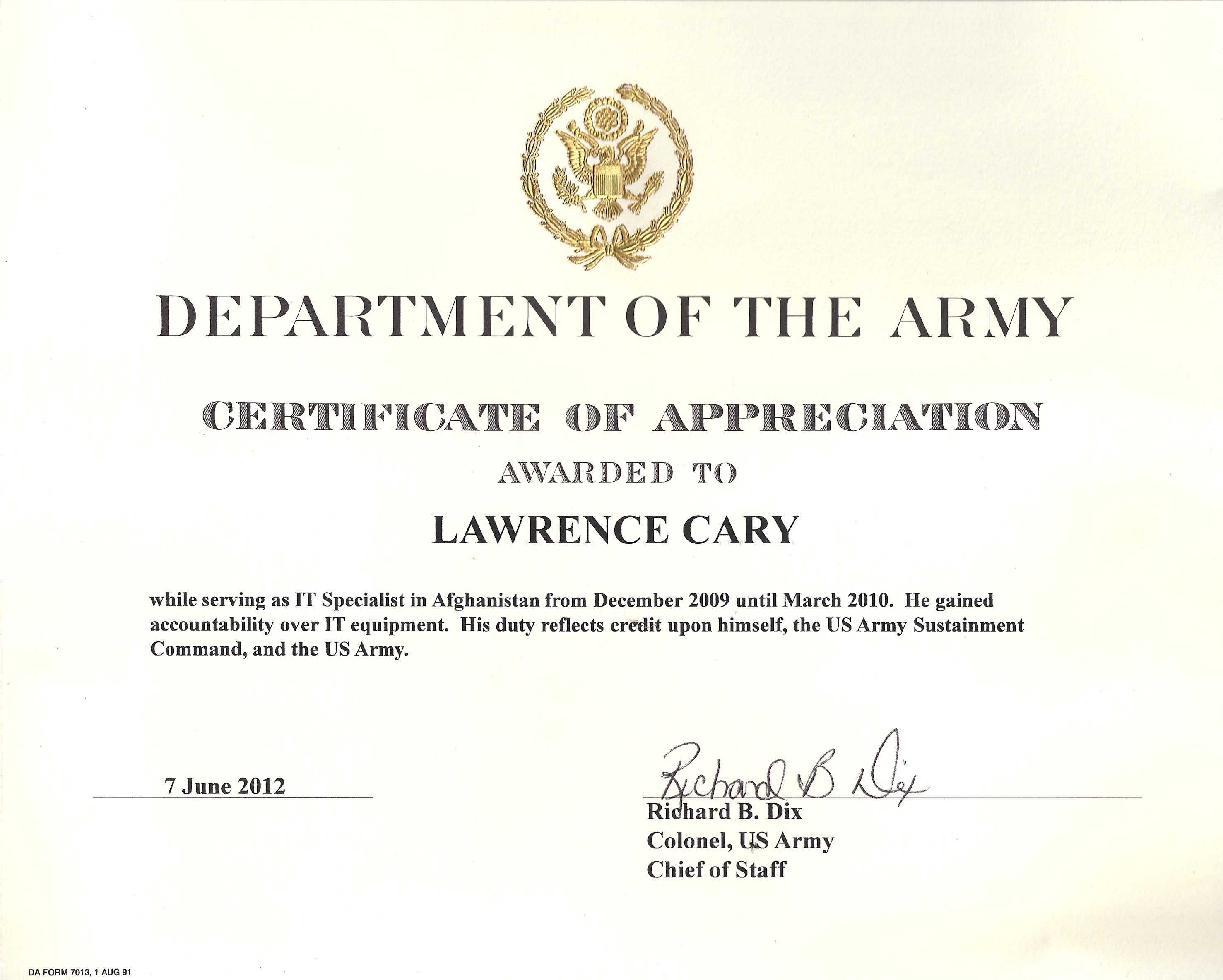 6+ Army Appreciation Certificate Templates – Pdf, Docx Throughout Army Certificate Of Achievement Template