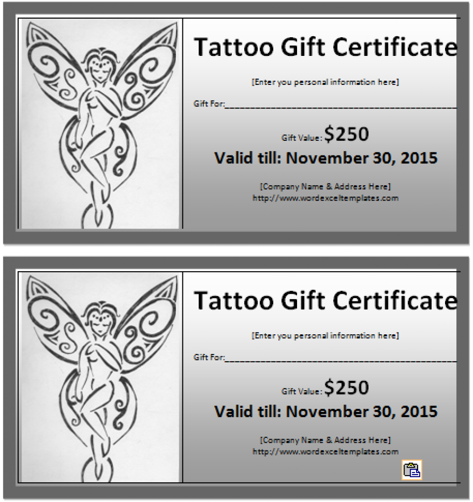 6 Tattoo Gift Certificate Templates Free Sample With With Within Tattoo Gift Certificate Template