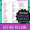 8X10 Actor Resume Templates – Instant Download Acting Resume Throughout Theatrical Resume Template Word