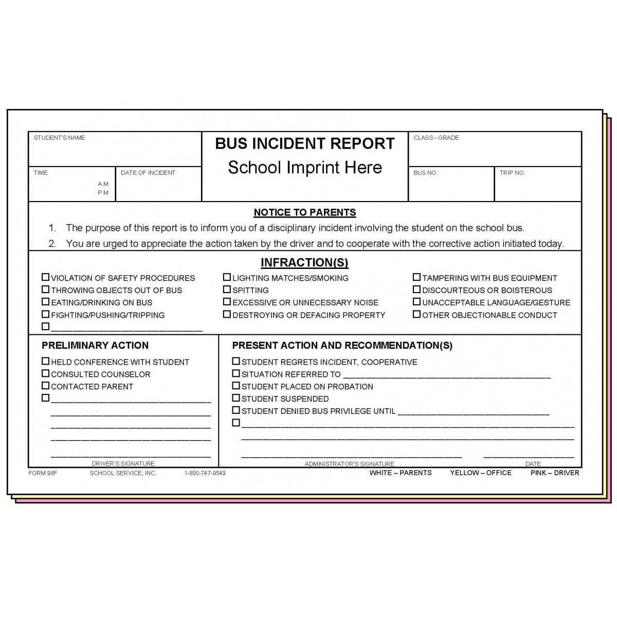 98F - Bus Incident Report W/school Imprint Within School Incident Report Template