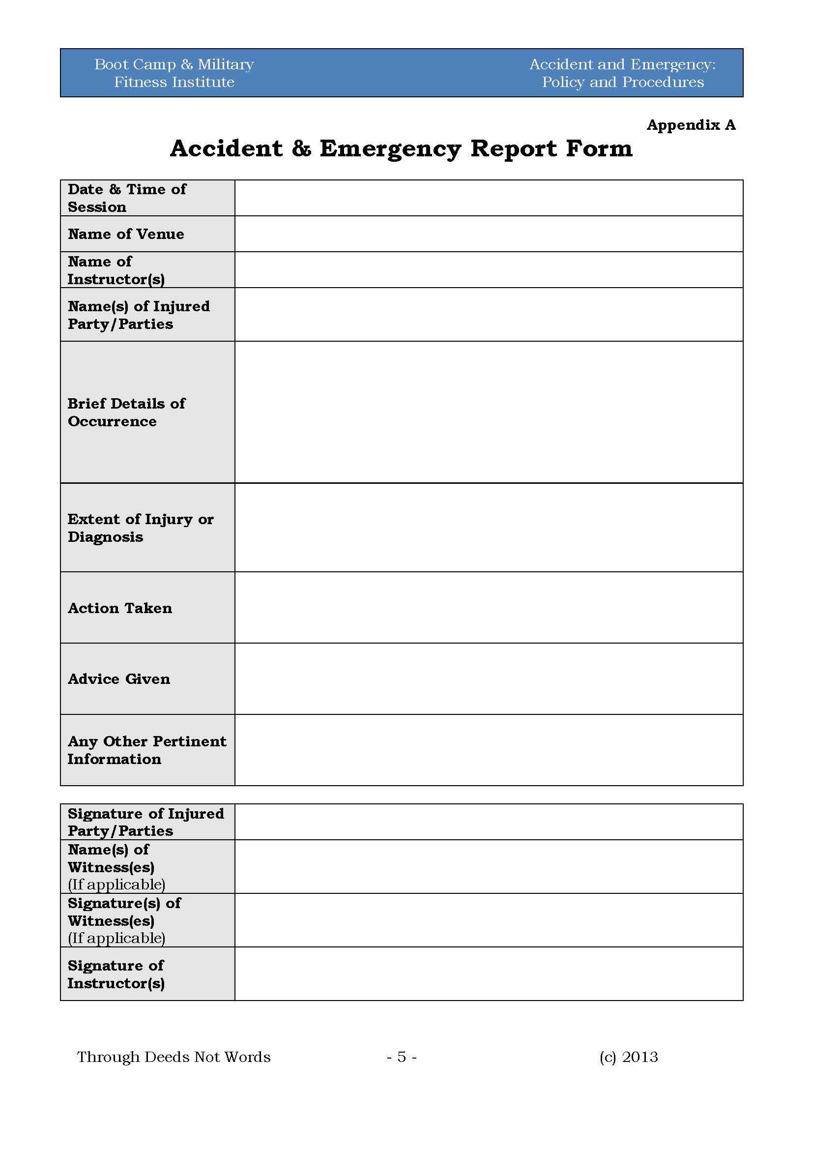 Accident & Emergency: Policy & Procedures – Boot Camp Regarding Incident Report Template Uk