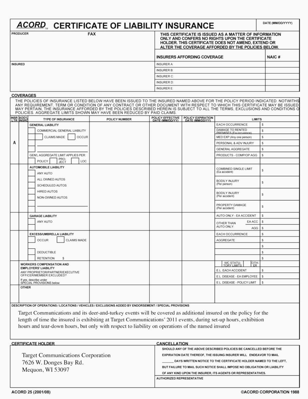 Acord 25 Fillable 2016 Elegant Accord Form – Free Fillable Pertaining To Acord Insurance Certificate Template