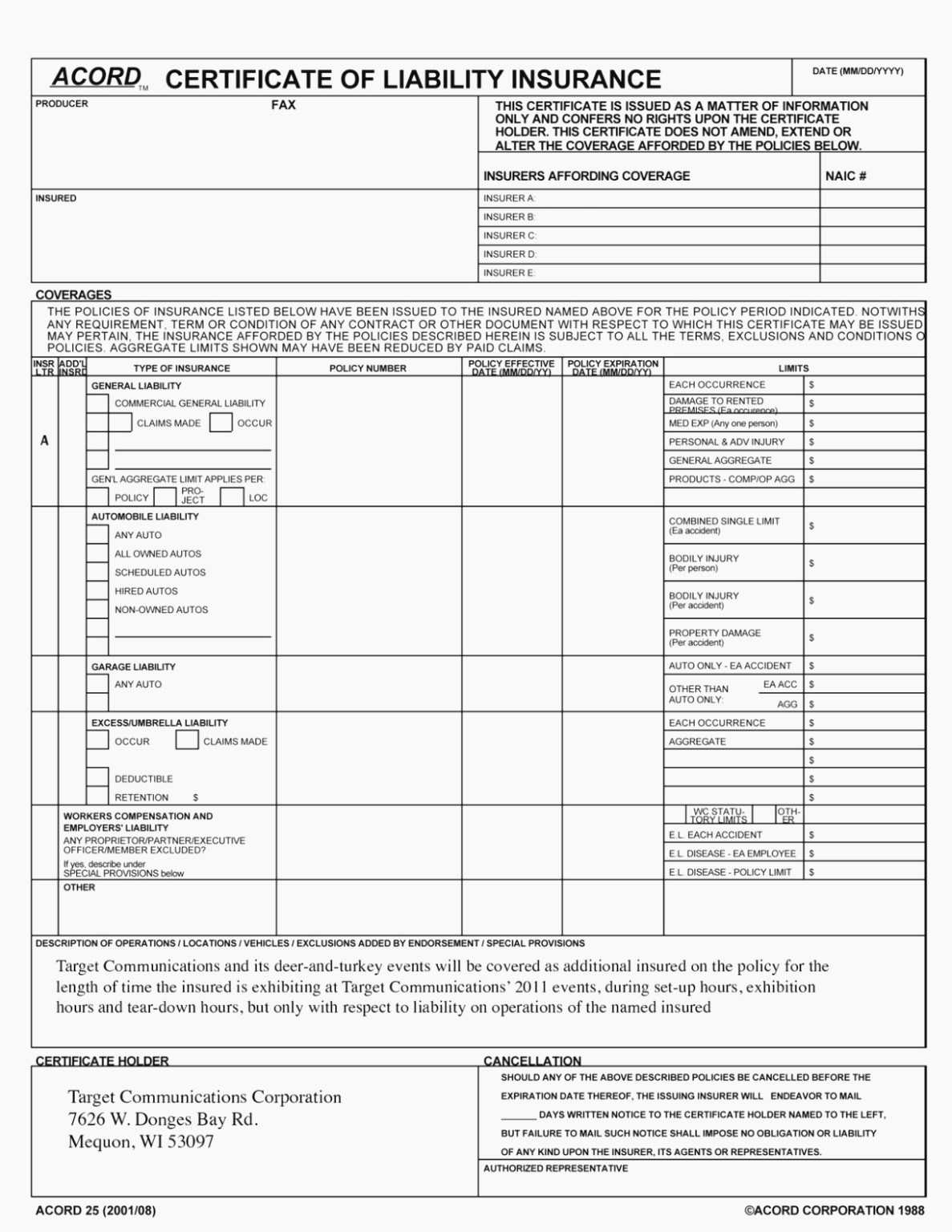 Acord 25 Fillable 2016 Elegant Accord Form – Free Fillable Pertaining To Acord Insurance Certificate Template