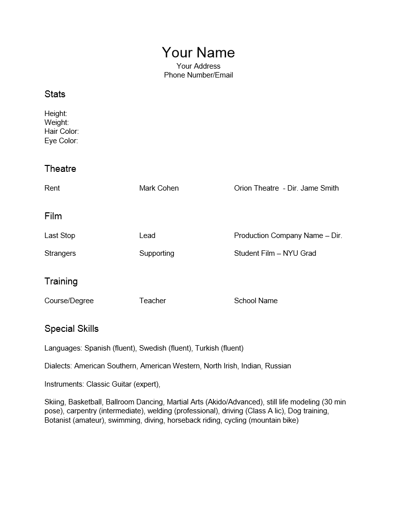 Acting Resume Template : Resume Templates Regarding Theatrical Resume Template Word