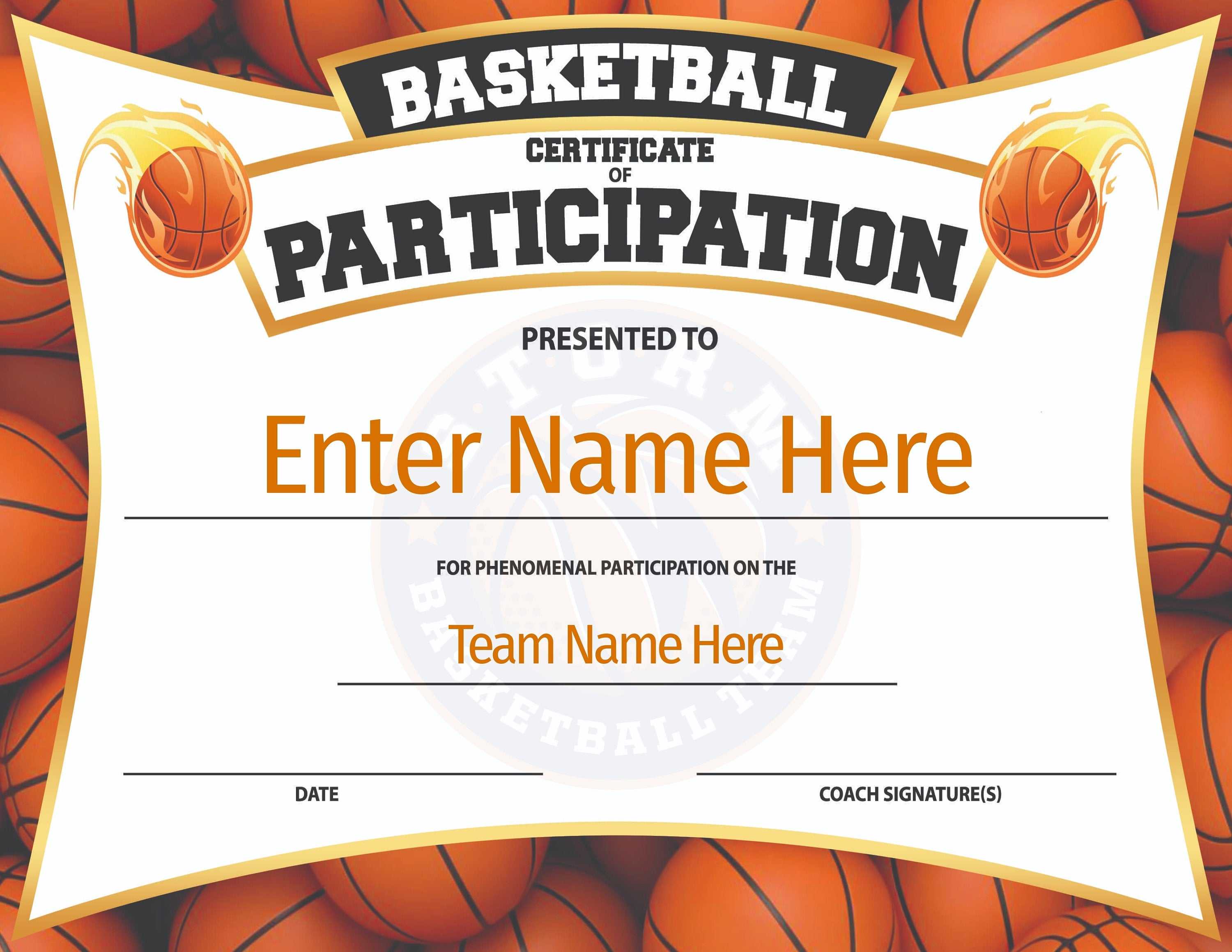 Add Team Logo, Printable Basketball Certificate Of Participation, Editable,  Basketball Award, Certificate Template, Instant Download Regarding Basketball Certificate Template