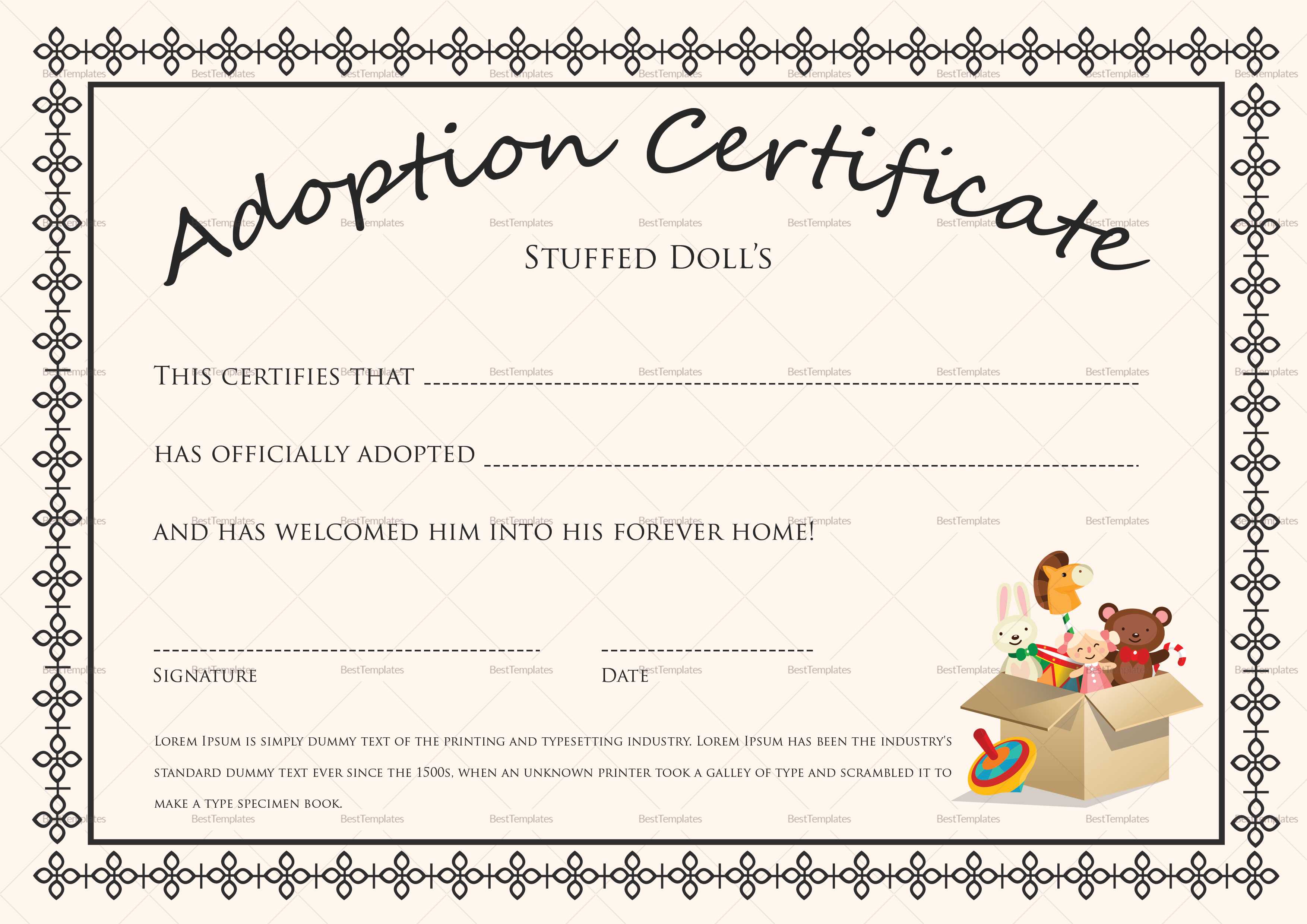Adoption Certificate Template Inside Toy Adoption Certificate Template