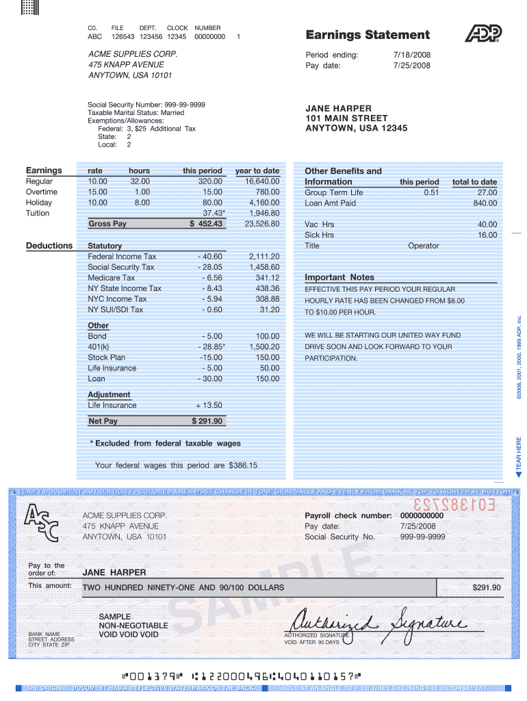 Adp Pay Stub Template – Fill Online, Printable, Fillable With Pay Stub Template Word Document