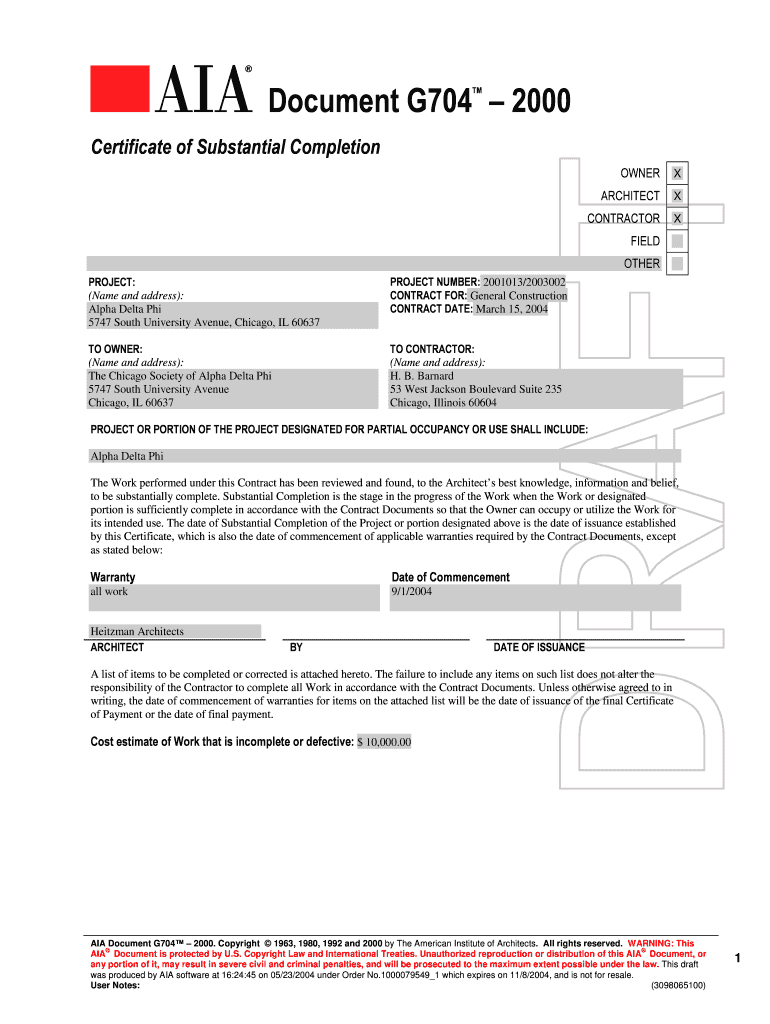 Aia G704 – Fill Online, Printable, Fillable, Blank | Pdffiller For Certificate Of Substantial Completion Template