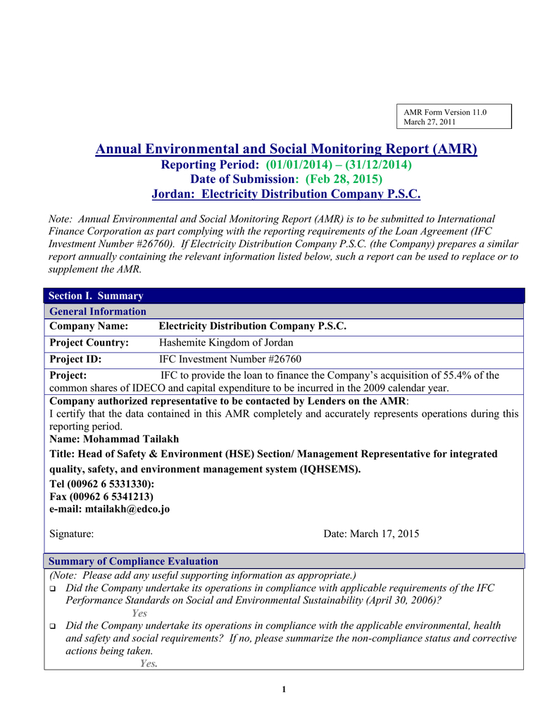 Amr Template – Electricity Distribution Co. With Compliance Monitoring Report Template