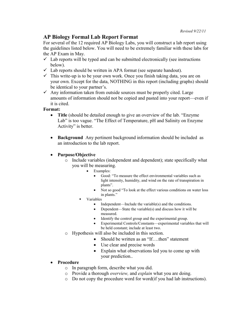 Ap Biology Formal Lab Report Format With Regard To Biology Lab Report Template