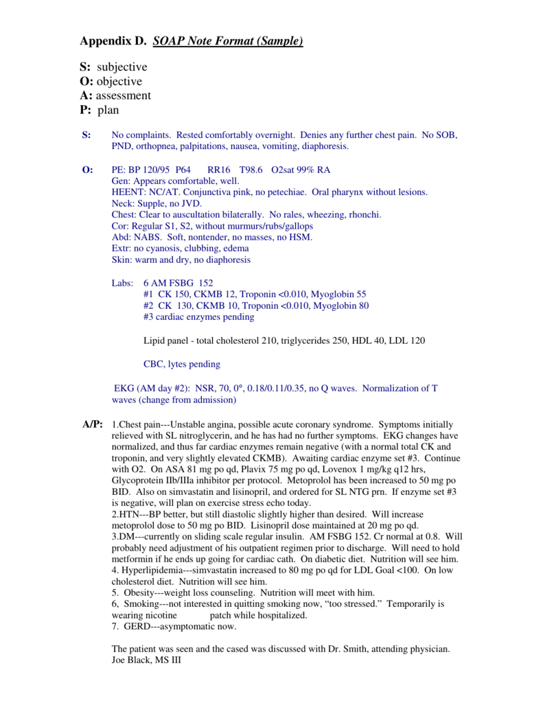 Appendix D. Soap Note Format (Sample) S: Subjective O: Objective Intended For Soap Report Template