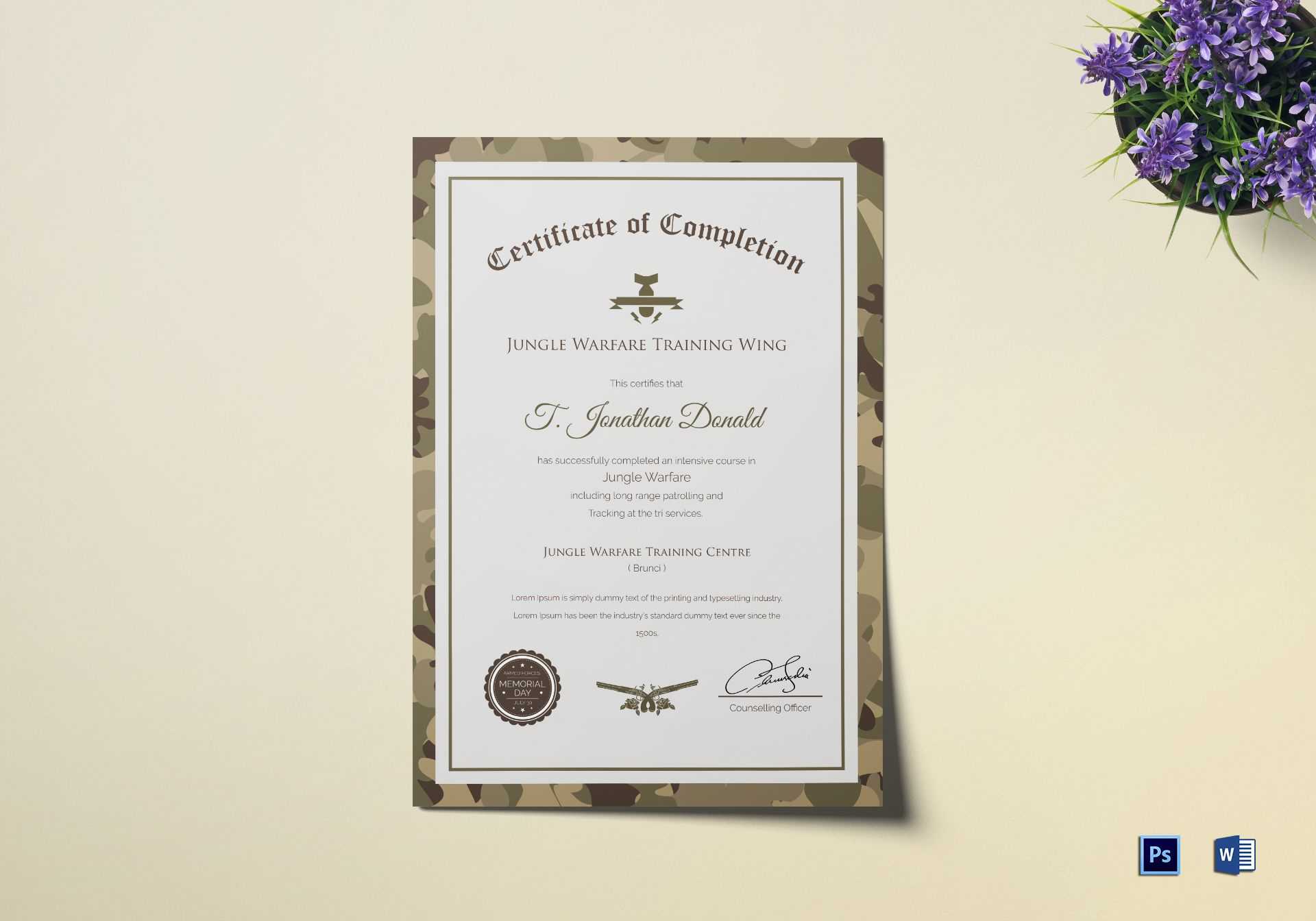 Army Camo Training Completion Certificate Template Intended For Army Certificate Of Completion Template