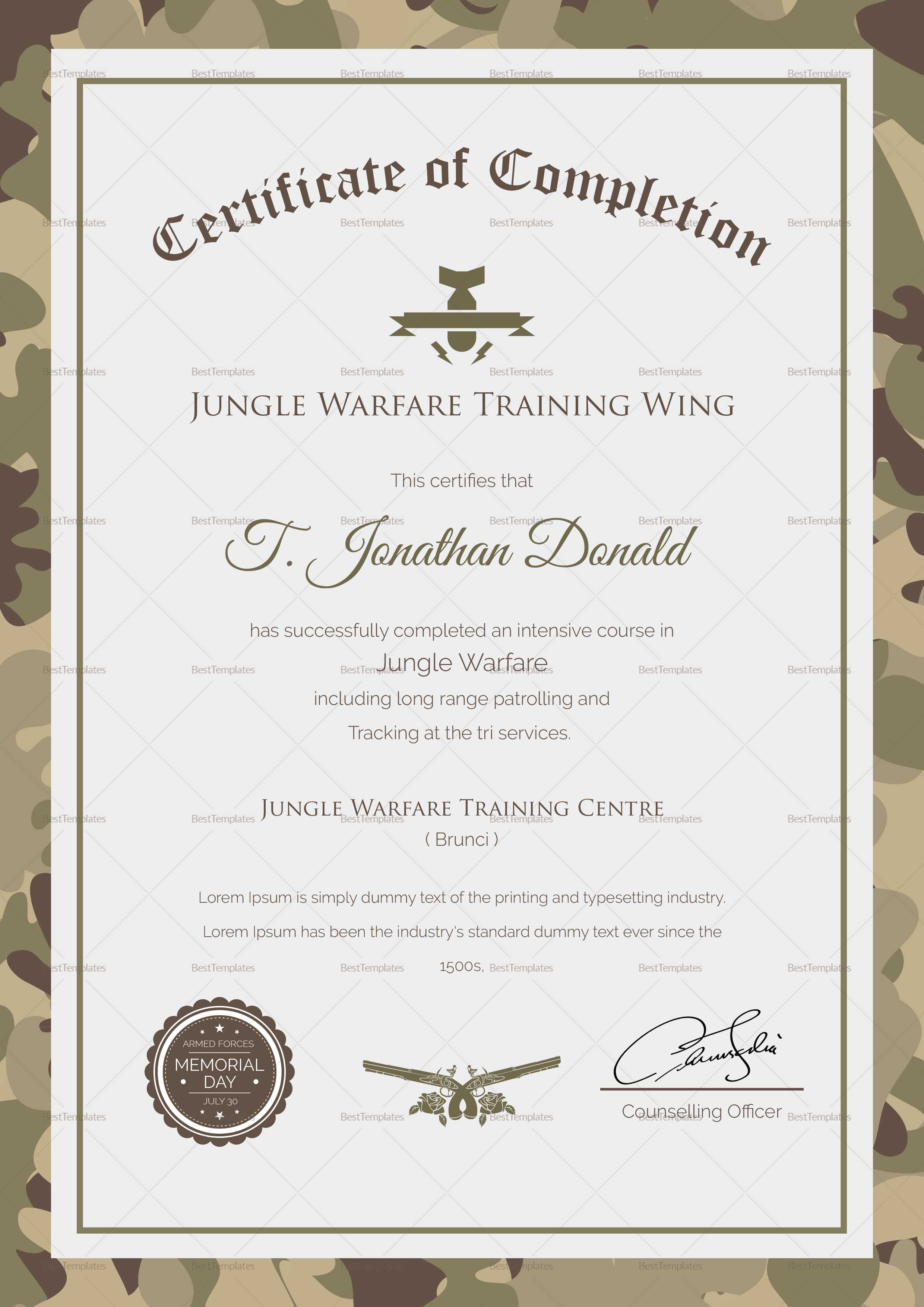 Army Camo Training Completion Certificate Template With Regard To Army Certificate Of Completion Template