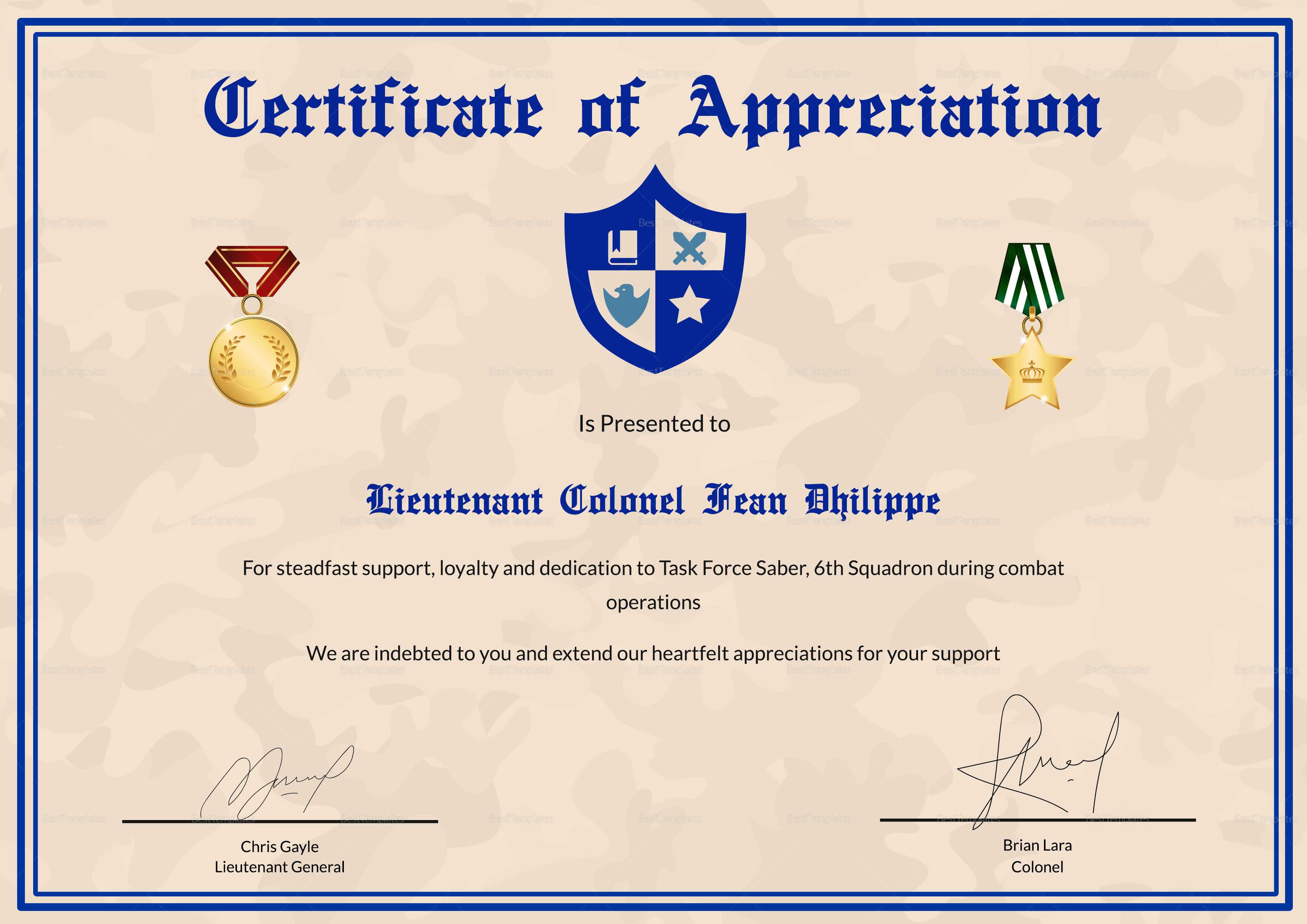 Army Certificate Of Appreciation Template With Army Certificate Of Appreciation Template