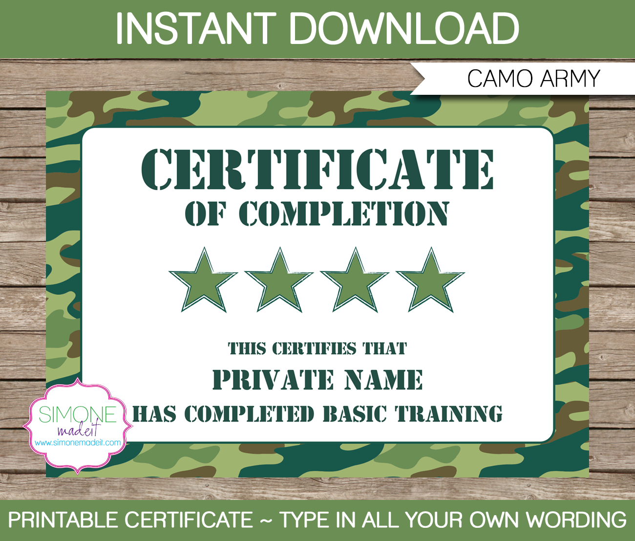Army Party Printables, Invitations & Decorations – Camo With Regard To Boot Camp Certificate Template