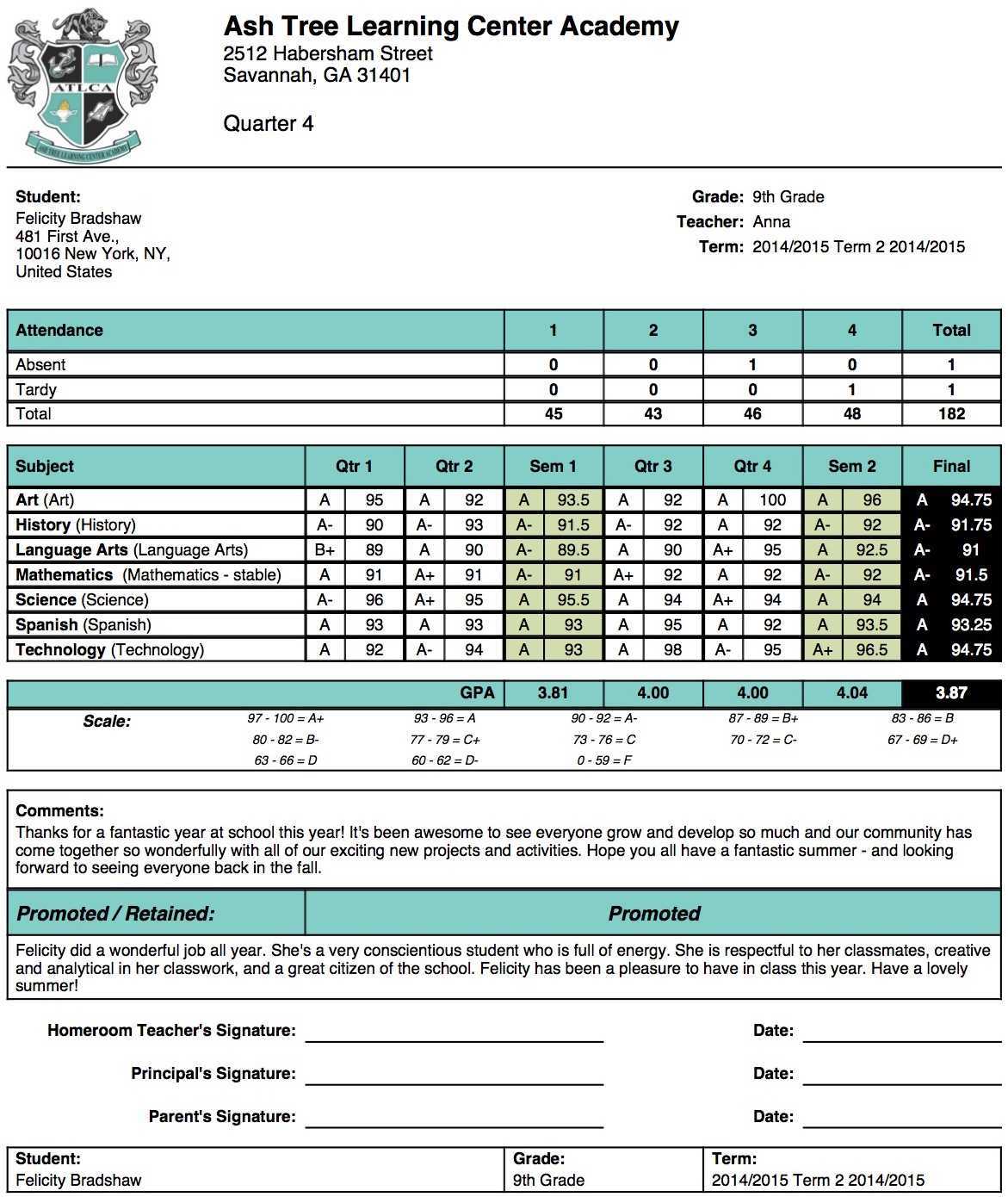 Ash Tree Learning Center Academy Report Card Template Pertaining To High School Student Report Card Template