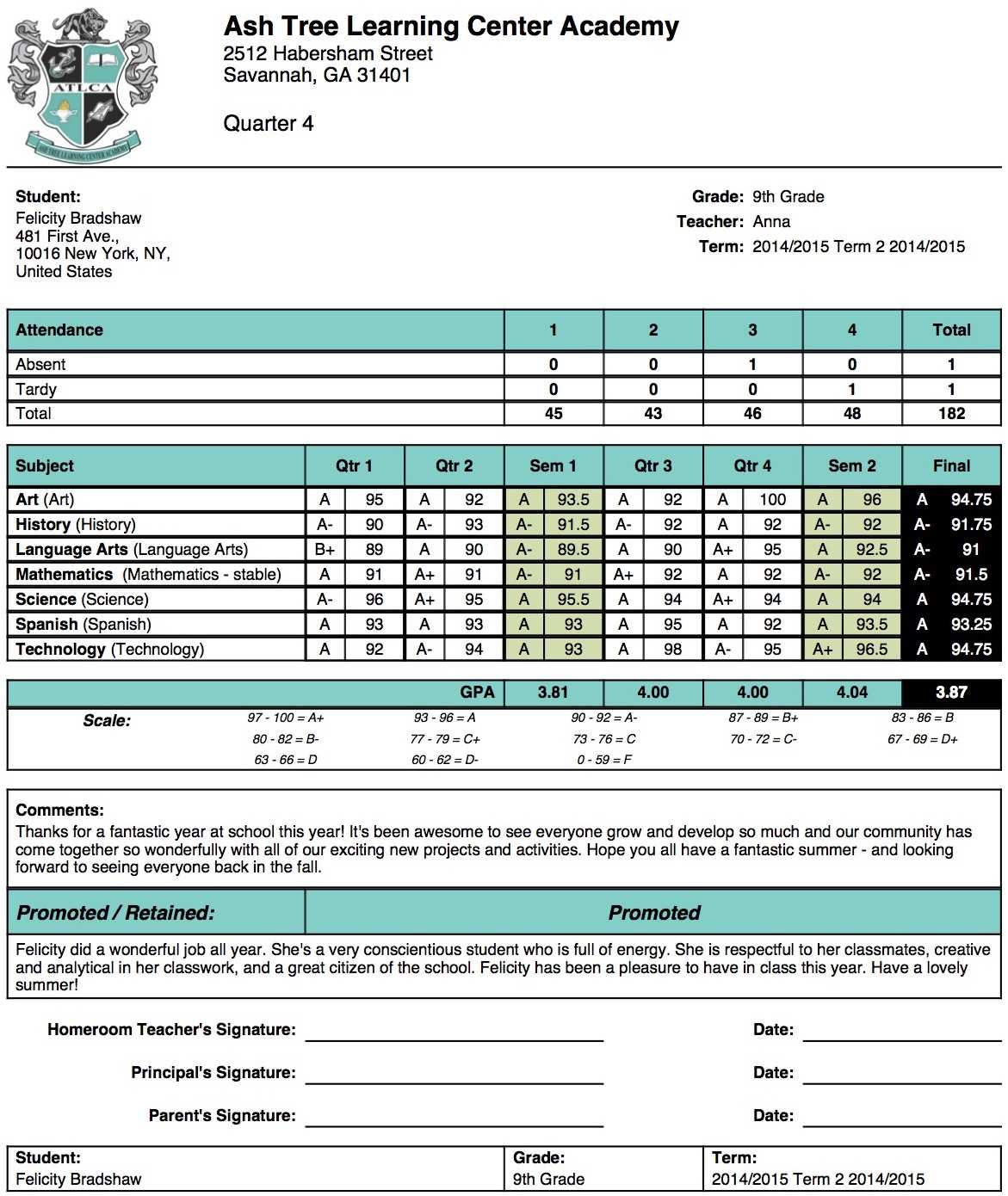 Ash Tree Learning Center Academy Report Card Template With Middle School Report Card Template