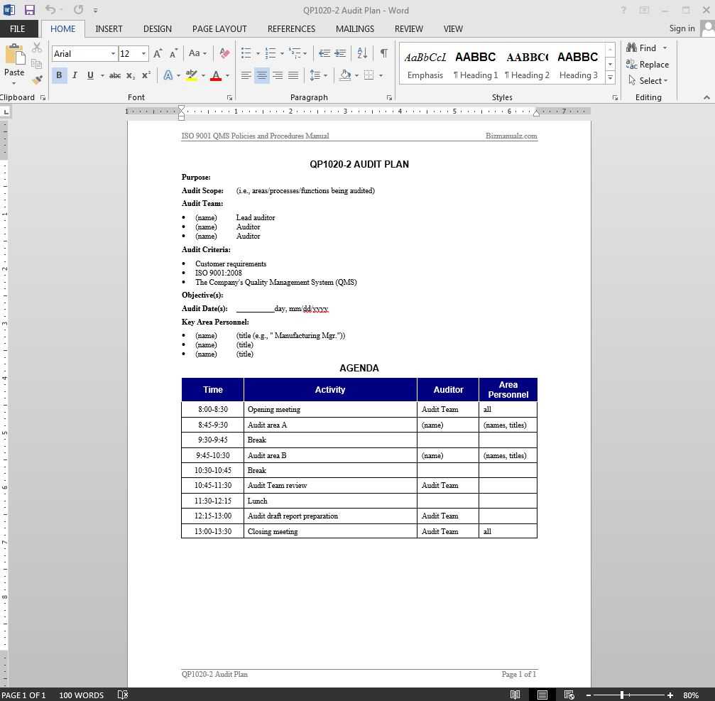 Audit Plan Iso Template | Qp1020 2 In Iso 9001 Internal Audit Report Template