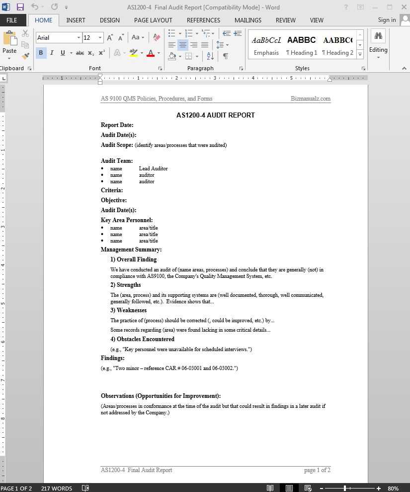 Audit Report As9100 Template | As1200 4 Intended For Template For Audit Report
