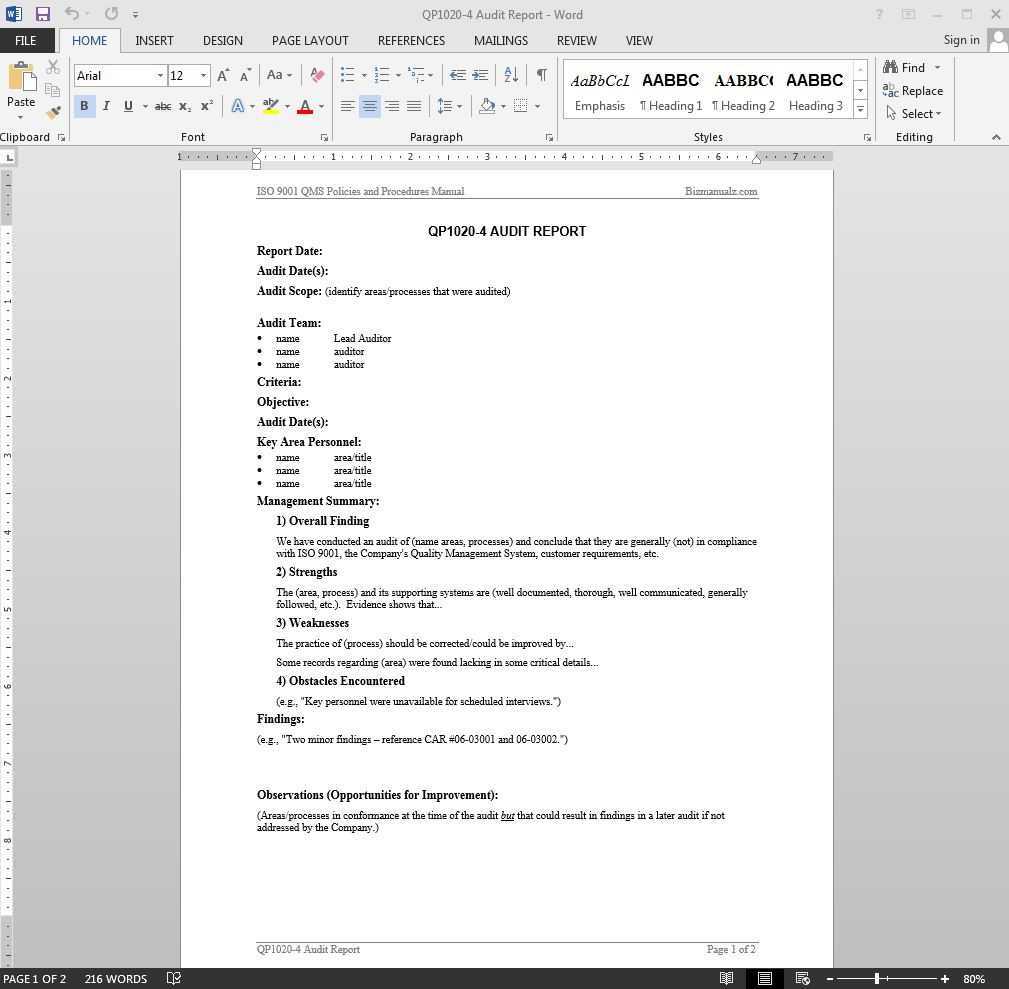 Audit Report Iso Template | Qp1020 4 Within It Audit Report Template Word